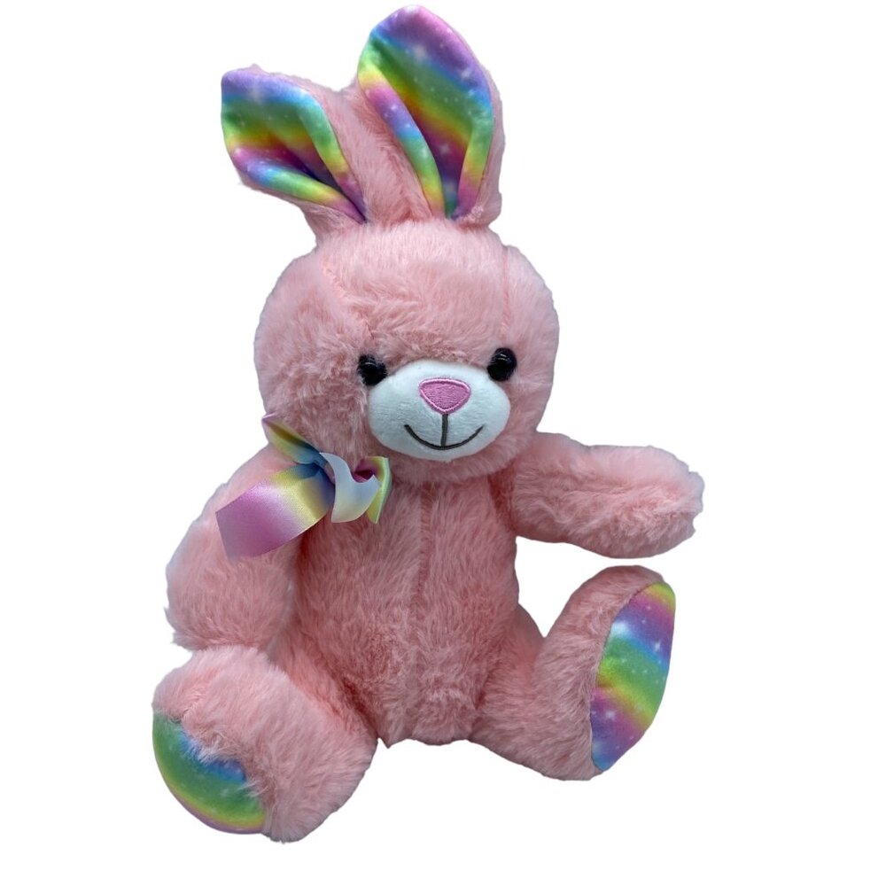NEW Kellytoy Rainbow Accents Pink Bunny Rabbit Stuffed Animal Plush 11.5” Seated